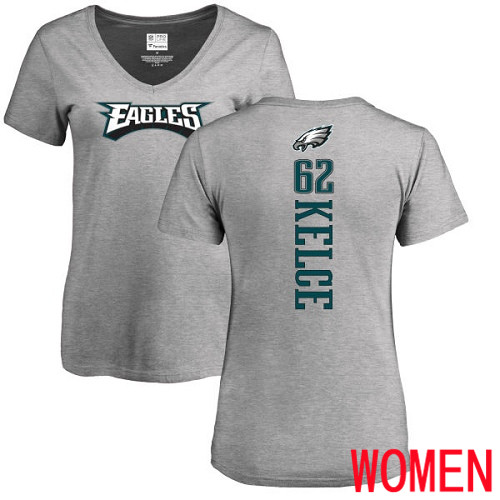 Women Philadelphia Eagles #62 Jason Kelce Ash Backer V-Neck NFL T Shirt